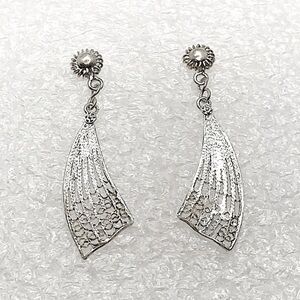 Vtg Sterling Silver Cannetille Filigree Wavy Fan Dangle Stud Earrings 1.9”